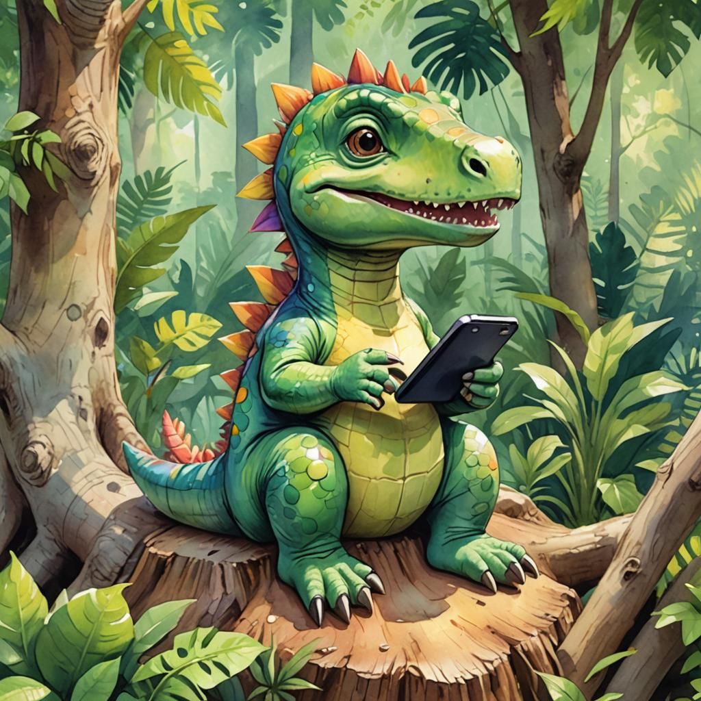 Cute Baby Dinosaur Texting in Forest, Watercolor Art