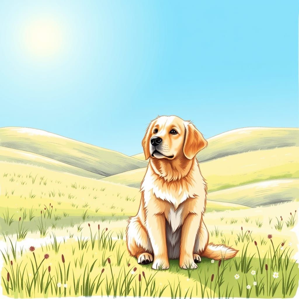 Fluffy Golden Retriever in Sun-Dappled Meadow