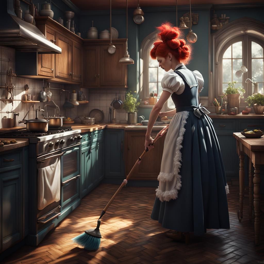 Steampunk Maid Cleaning: Detailed Fantasy Art