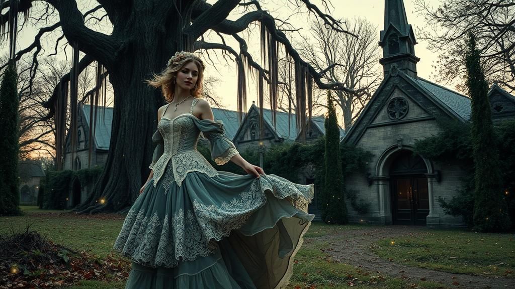 Victorian Woman in Surreal Churchyard Charcoal Drawing