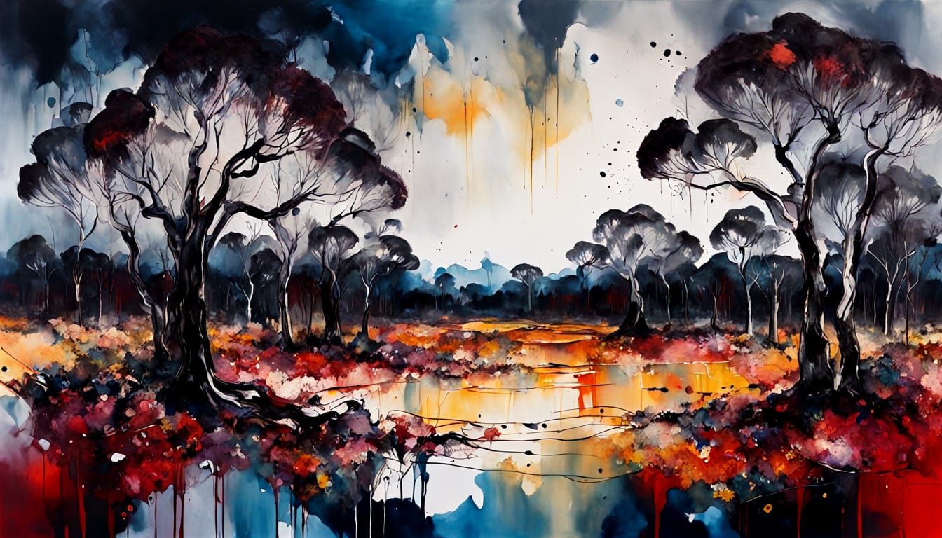 Australian Outback Landscape in Moody Ink Art