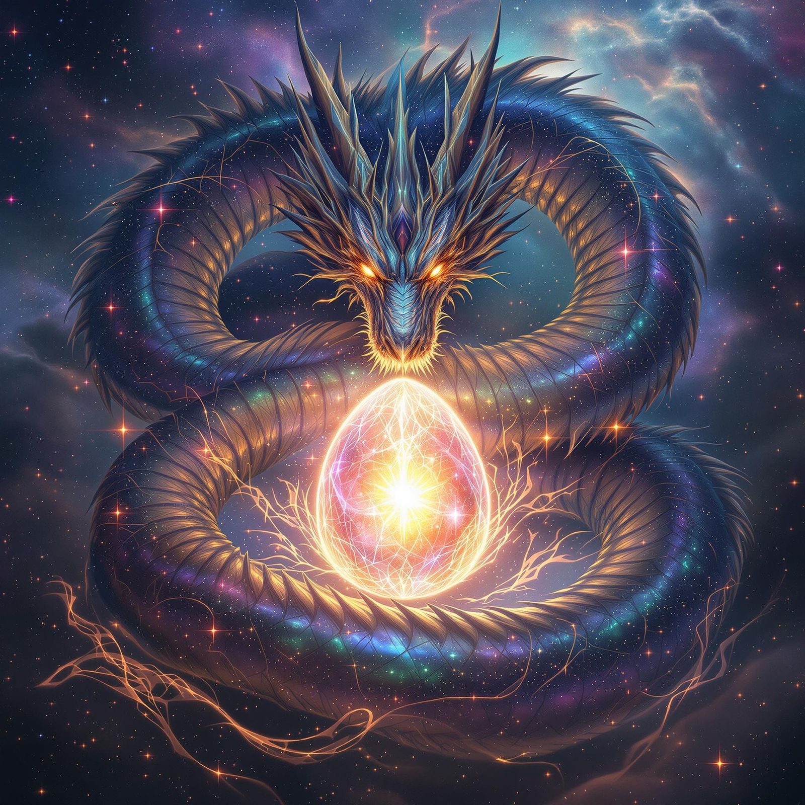 Cosmic Dragon Guardians Cosmic Egg in Nebulae and Stardust