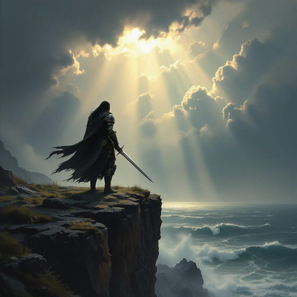 Dark Fantasy Warrior on Cliff Overlooking Stormy Sea
