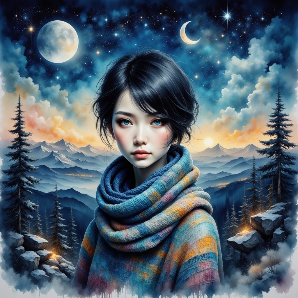 Mountain Girl Portrait in Watercolor Pointillist Style