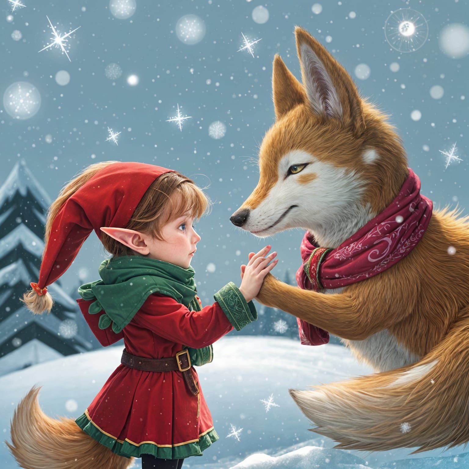 little girl elf petting a friendly kitsune in a snowstorm