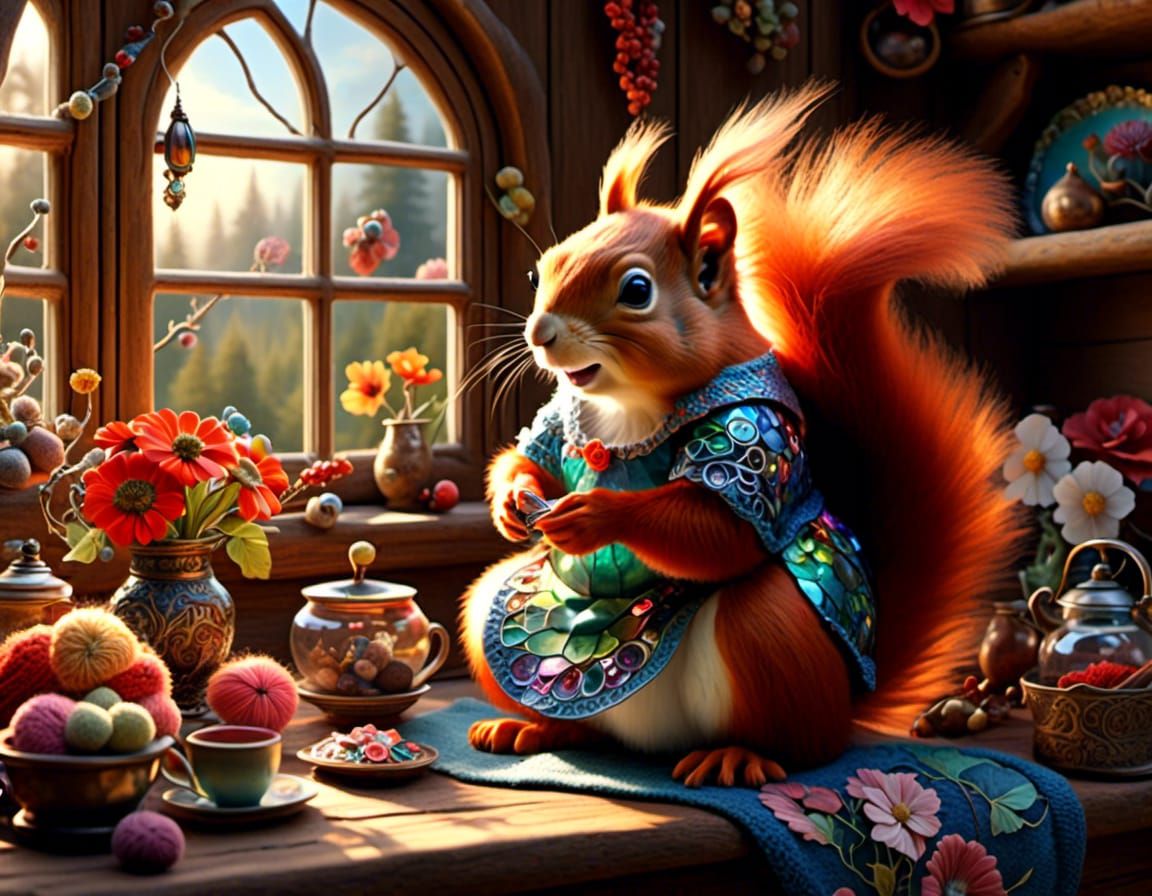 Squirrel Knits in Sunlit Cabin, Fantasy Art
