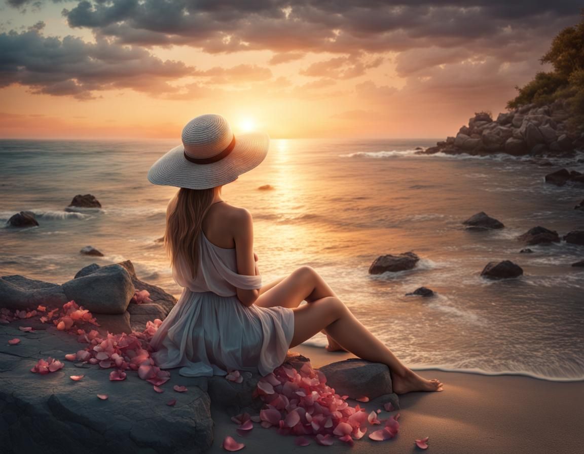 Woman in Summer Dress Watching Sunset: Digital Painting