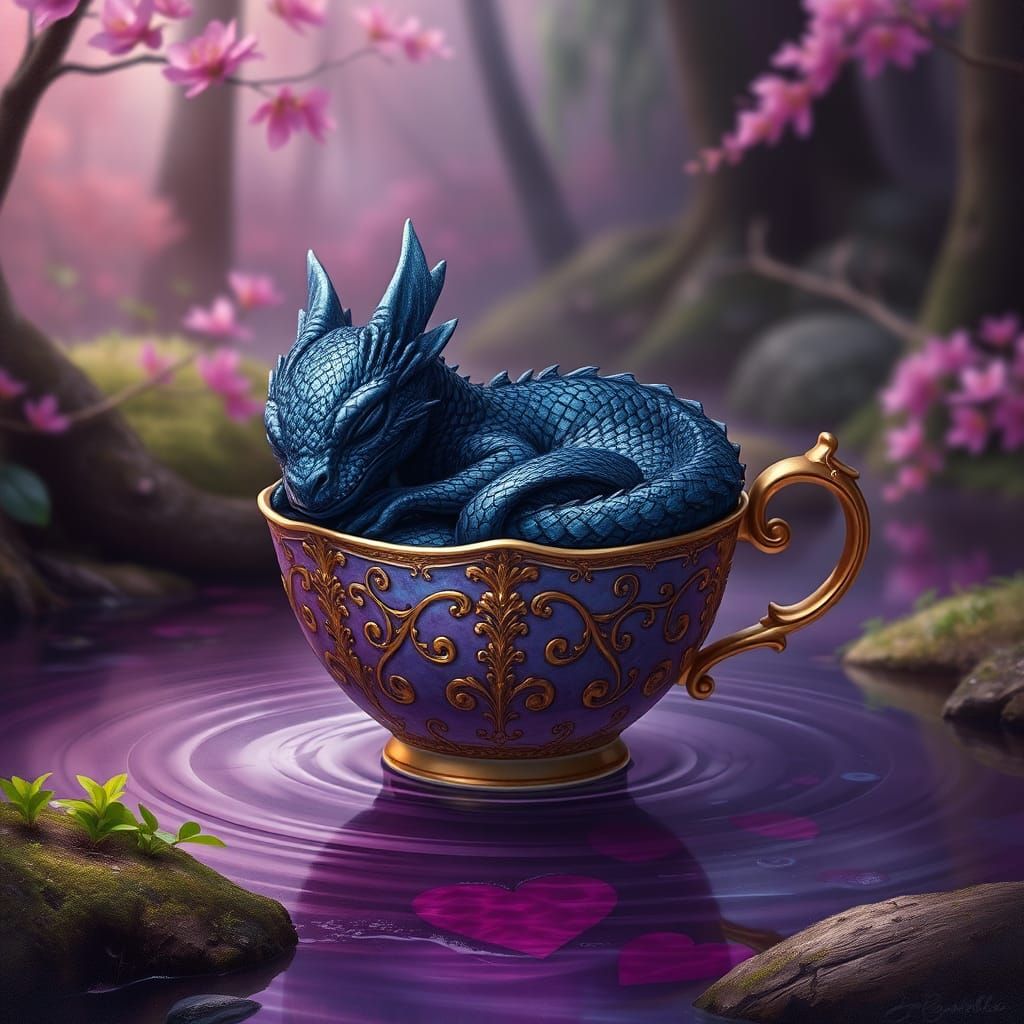Baby Dragon in Teacup on Purple Forest Stream