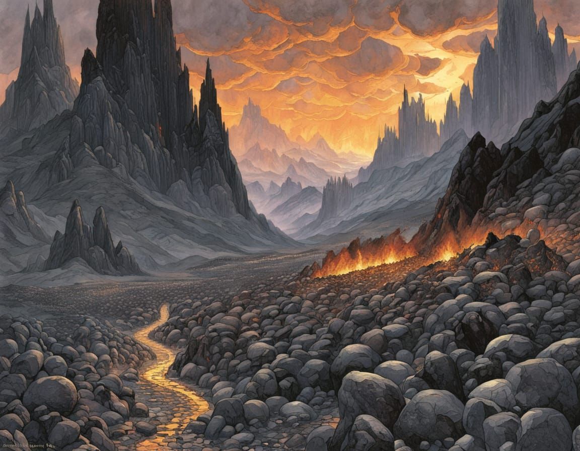 Dark Mordor Landscape in Magical Watercolor Style