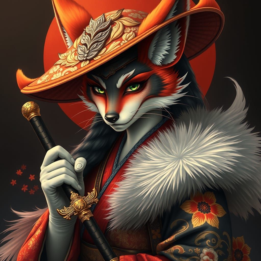 Elegant Fox Woman in Traditional Japanese Attire