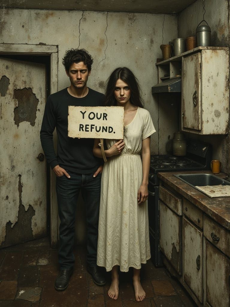 Couple's Joyful Tax Refund in Worn Kitchen Oil Painting