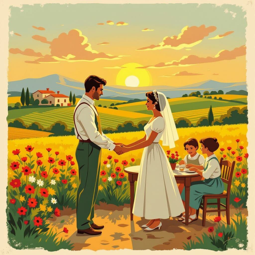 Couple Holding Hands in Sardinian Sunset Fields, 1950s Itali...