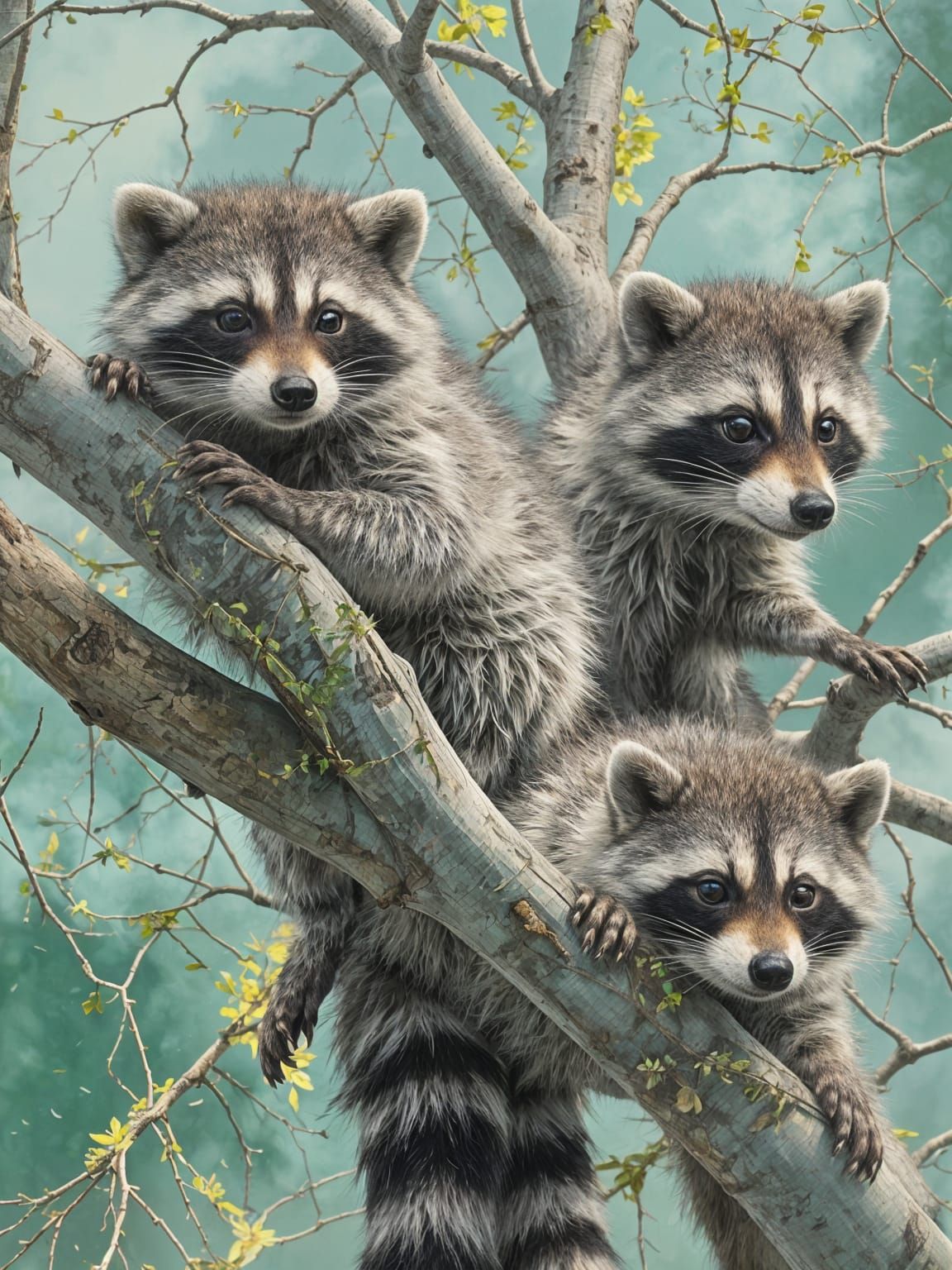 Playful Raccoons on Branches in 3D Abstract Art