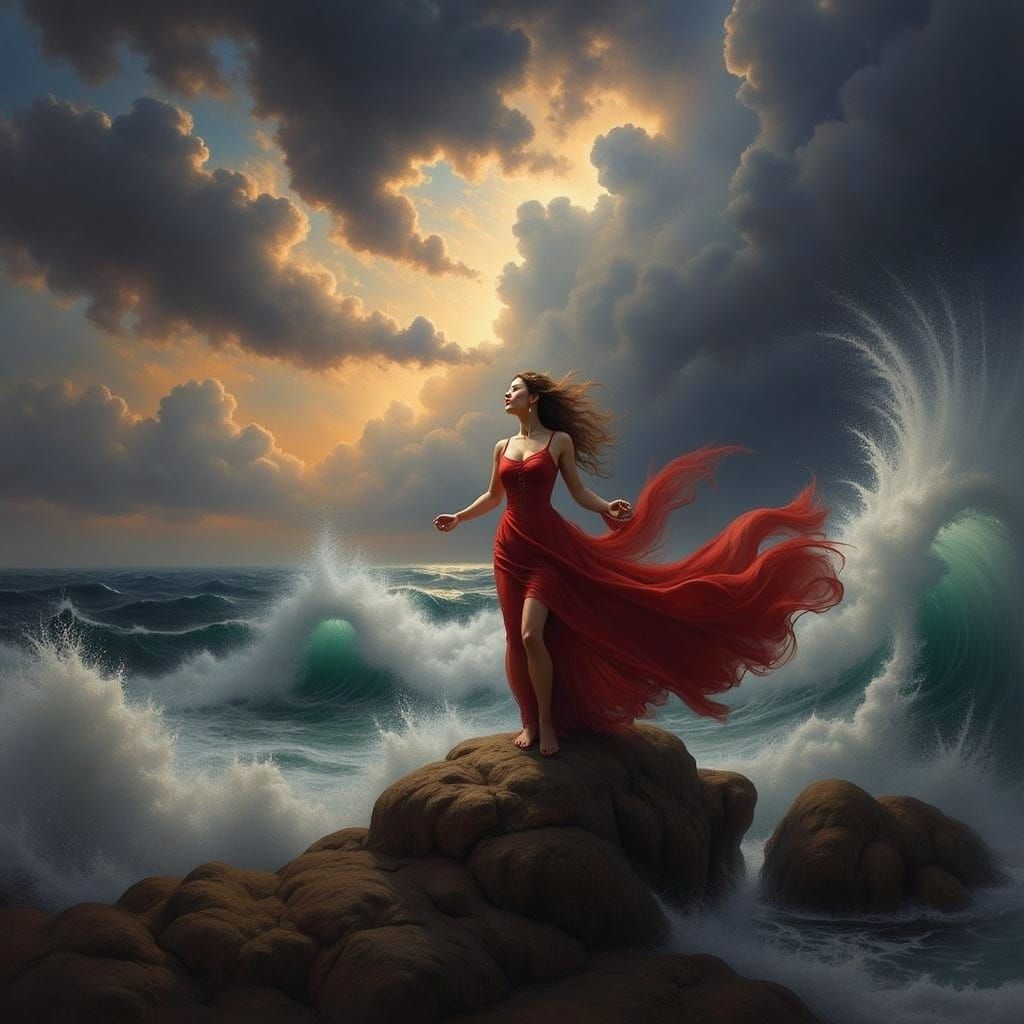 Woman Triumphant in Stormy Skies: Dramatic Atmospheric Art
