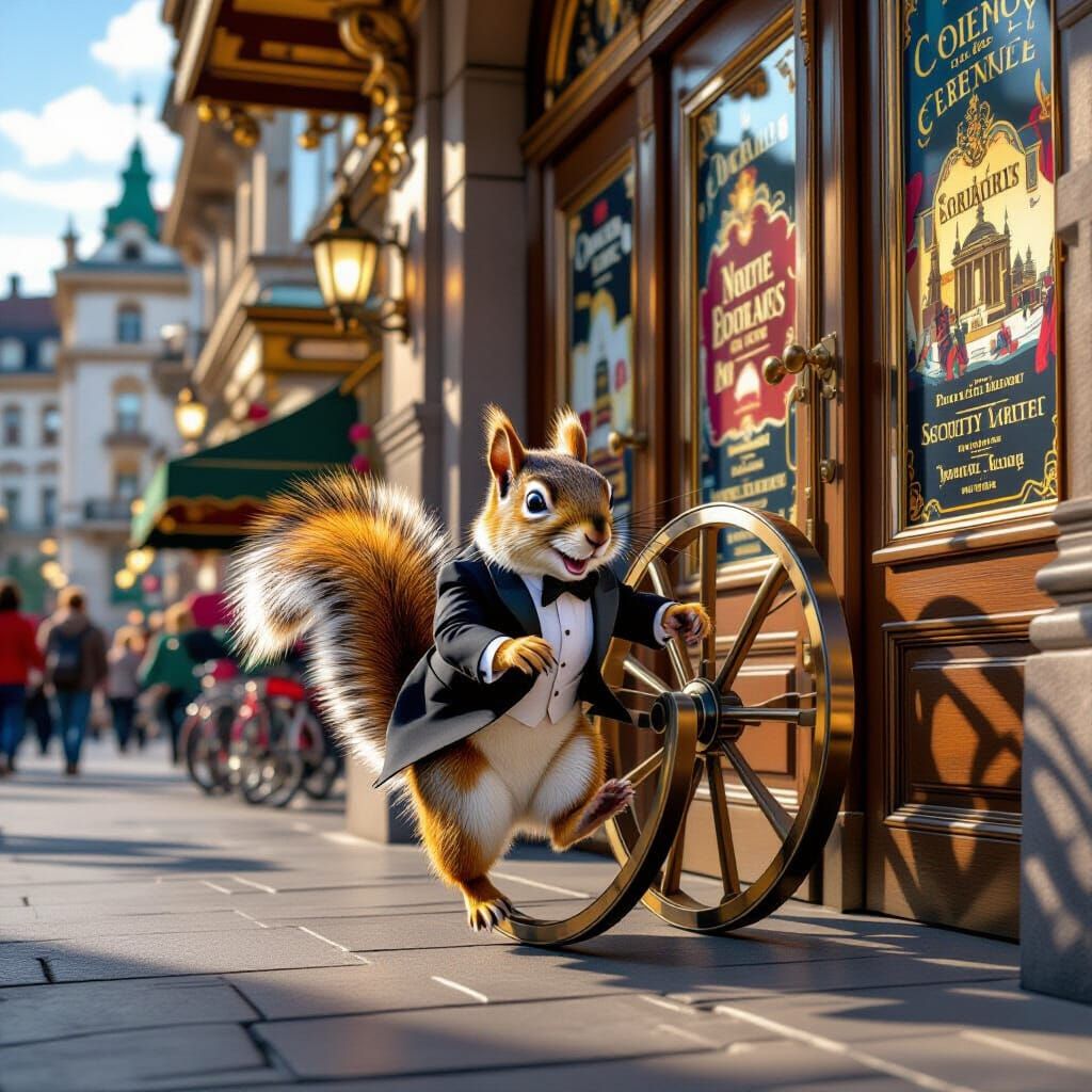 Squirrel in Tuxedo Runs at Opera House Doorstep