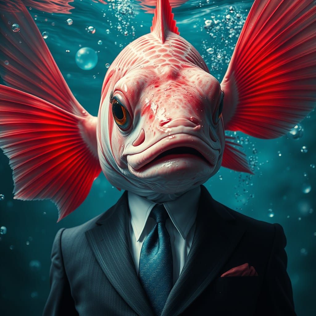 Epic Surreal Digital Painting of Pink Fish Head Emerging fro...