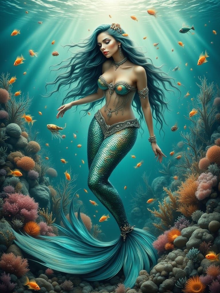Mermaid in Underwater Kingdom, Digital Painting