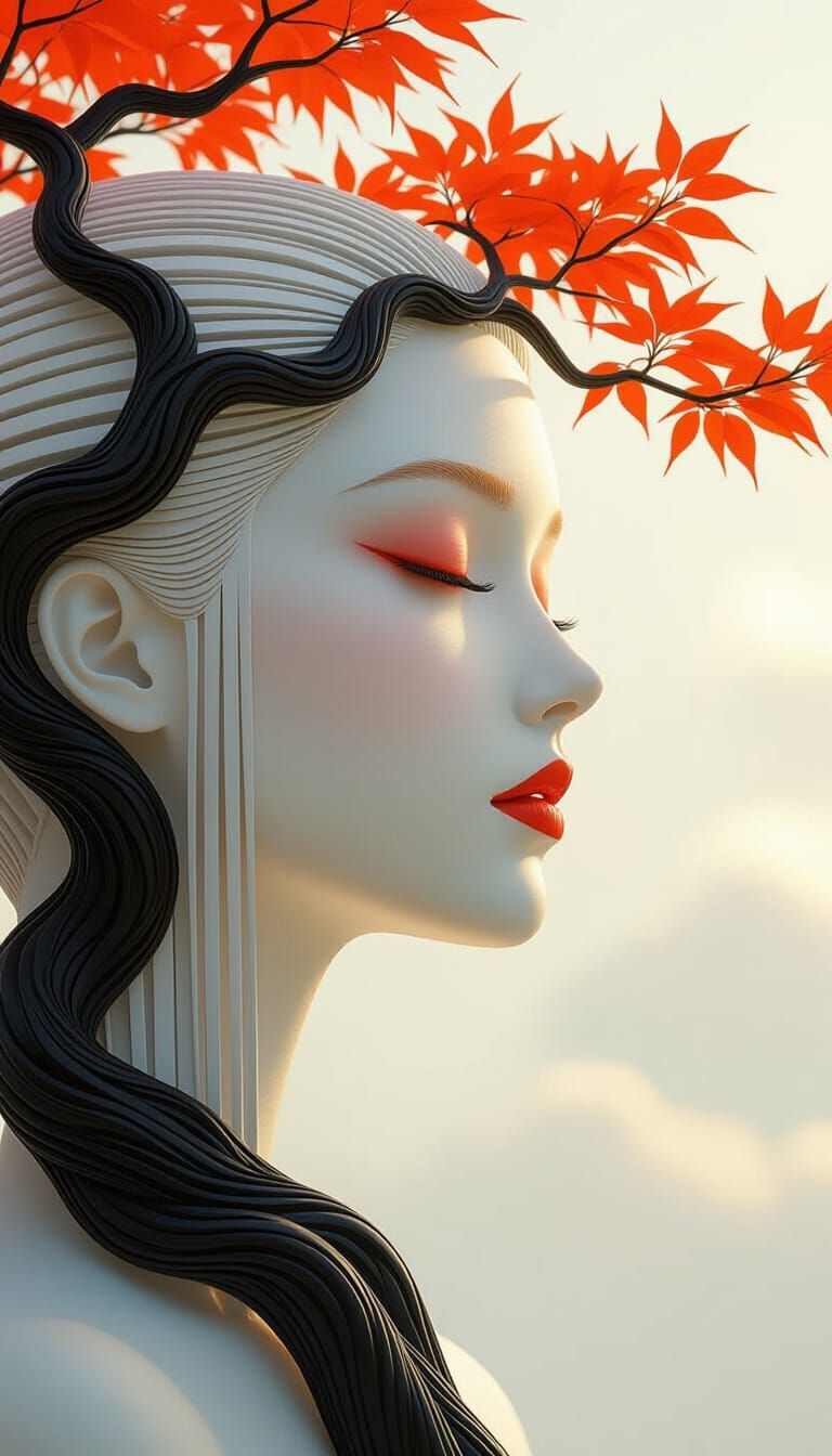 Tree-Face Portrait with Red-Orange Foliage