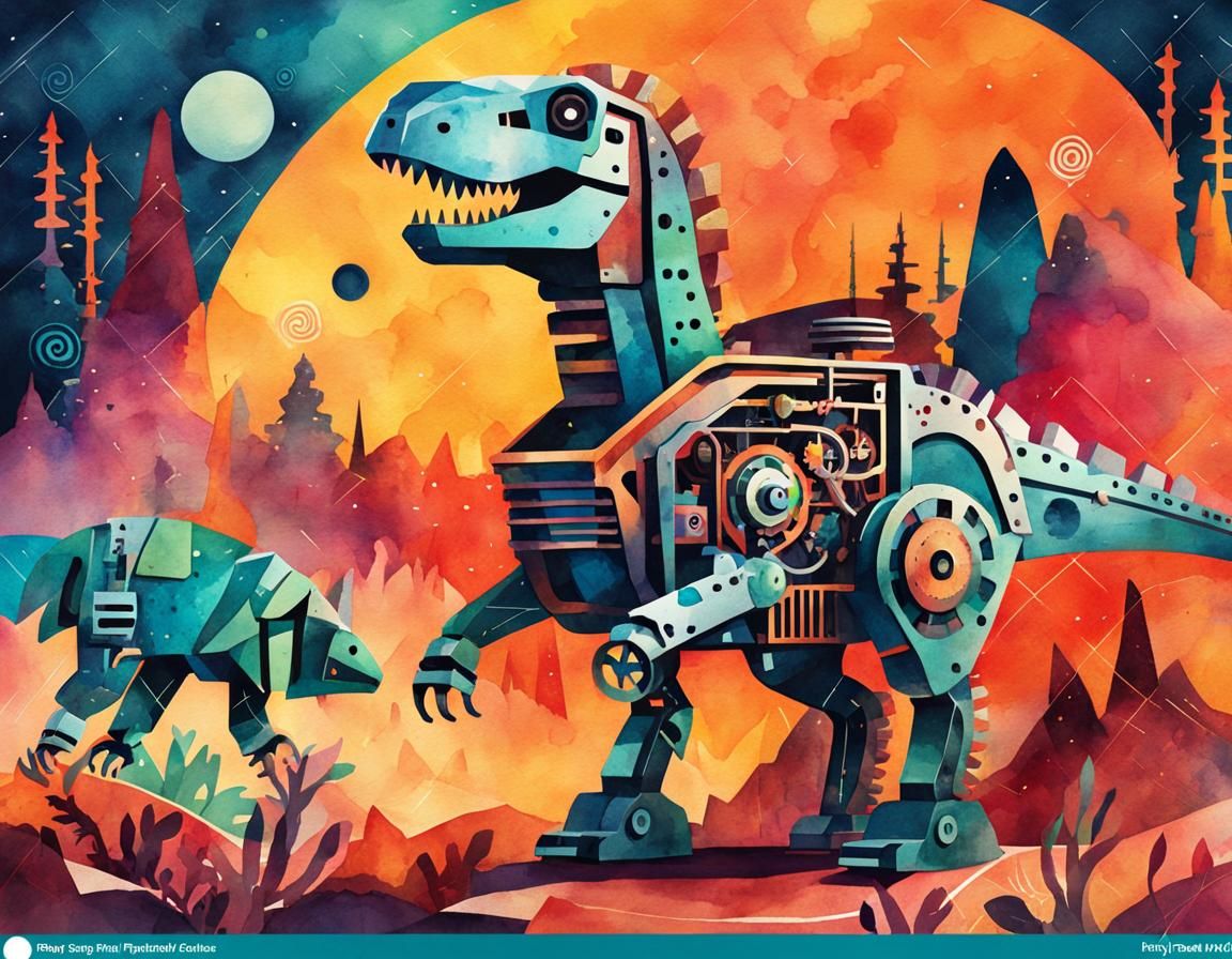 Mechanical T-Rex and Robot in Watercolor Papercut Style