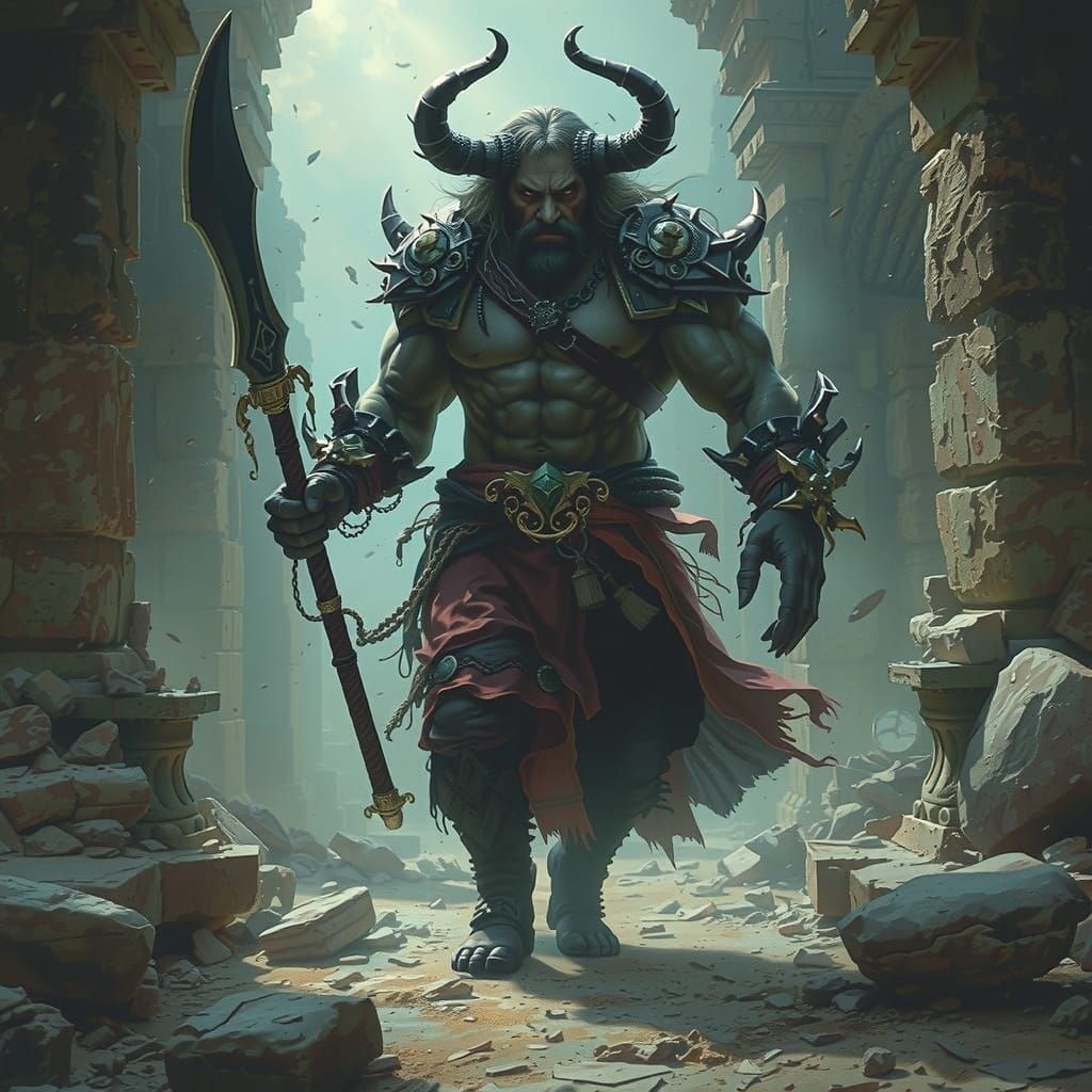 Mysterious Minotaur Stalks Ancient Ruins in Dark Futurism