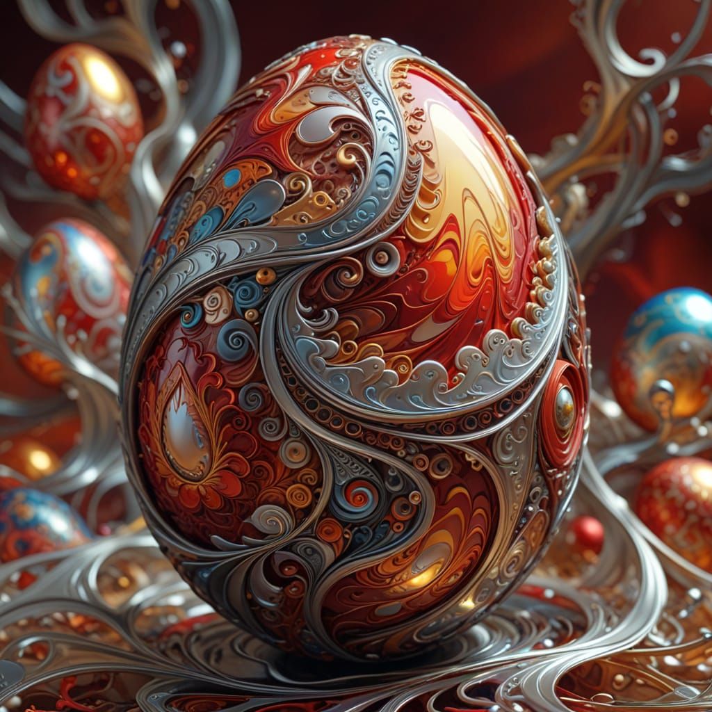 Surreal Silver Easter Egg in Abstract Silk Art