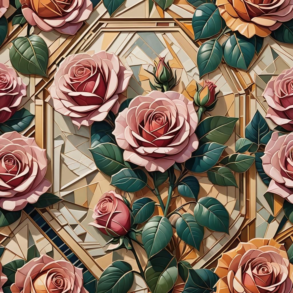 Cubist Roses: Geometric Art Deco Oil Painting
