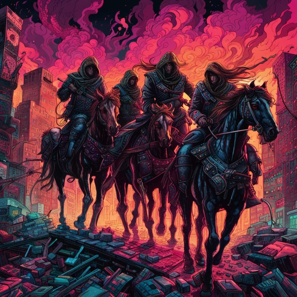 Apocalyptic Horsemen Ride Through Neon City