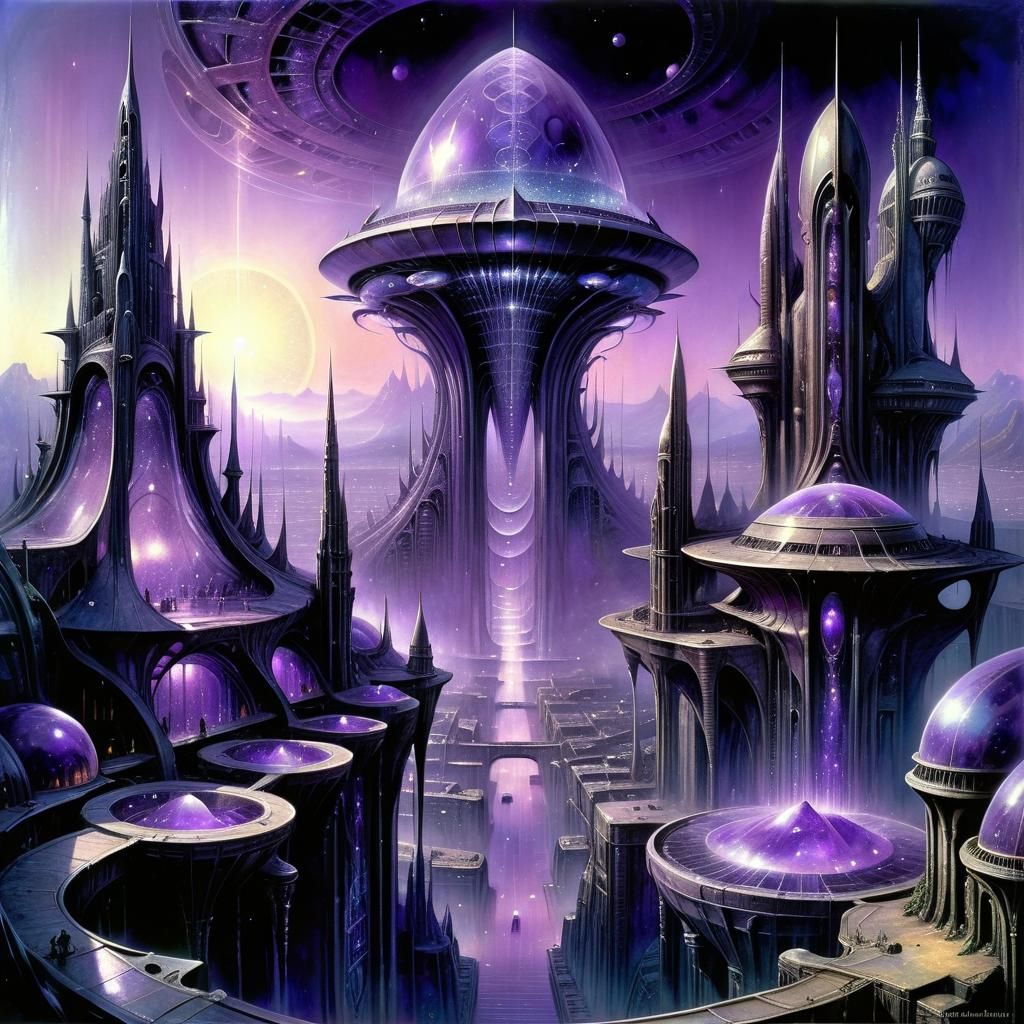 Glittering Amethyst Cityscape in Maximalist Style