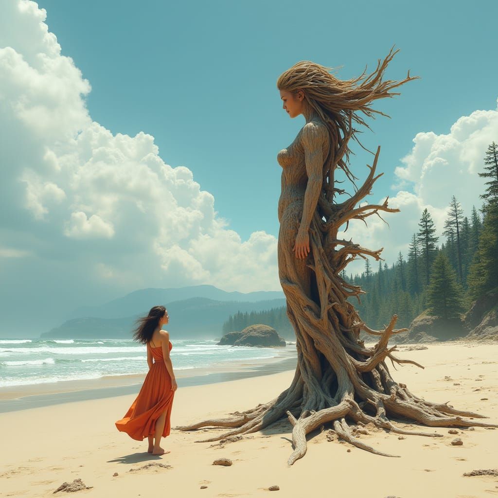 Oregon Coast: Woman and Driftwood Sculpture
