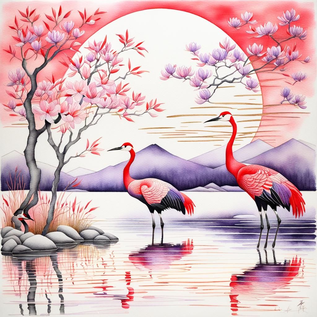 Japanese Landscape with Cranes in Watercolor Style