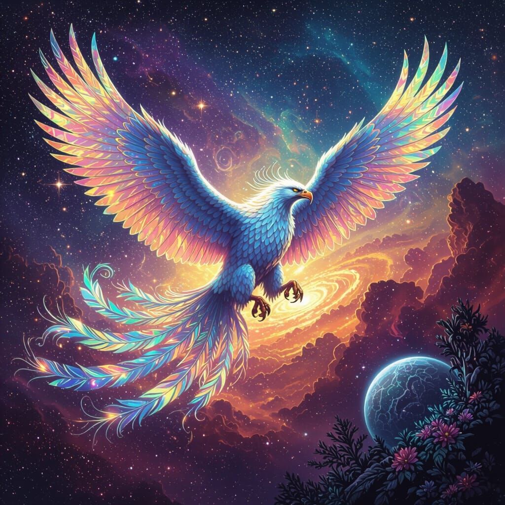 Majestic Griffin Soars Through Psychedelic Nebula