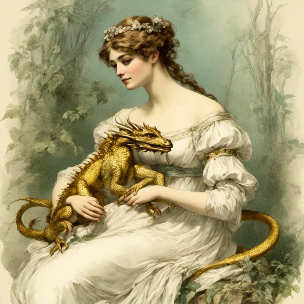 Regency Lady Cuddles Golden Dragon Baby