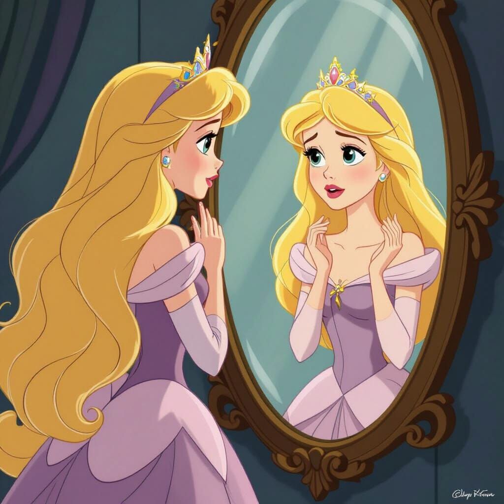 Melancholy Princess Gazes Sadly in Mirror