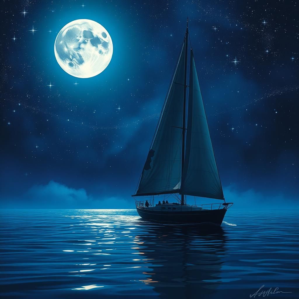 Sailboat Silhouette Under Silver Moon, Impressionist Style