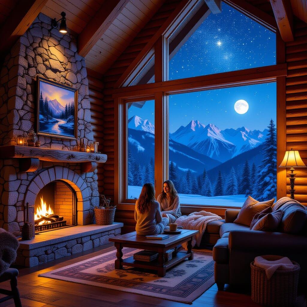 Cozy Cabin in Alaska with Starry Night Sky
