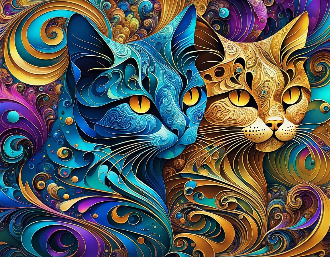 Psychedelic Cartoon Cat Seascape in Fractal Style