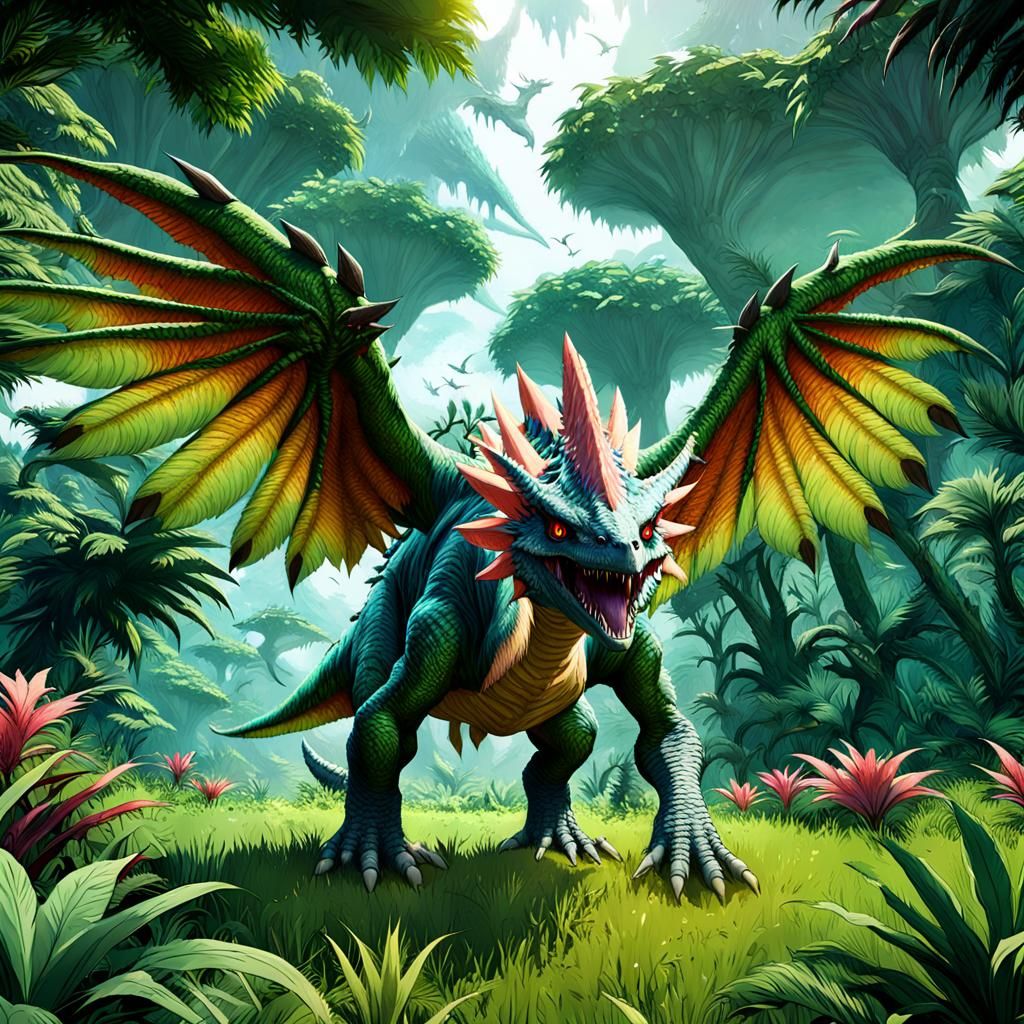 Dinosaur with Feathery Wings in Alien Jungle, 8k