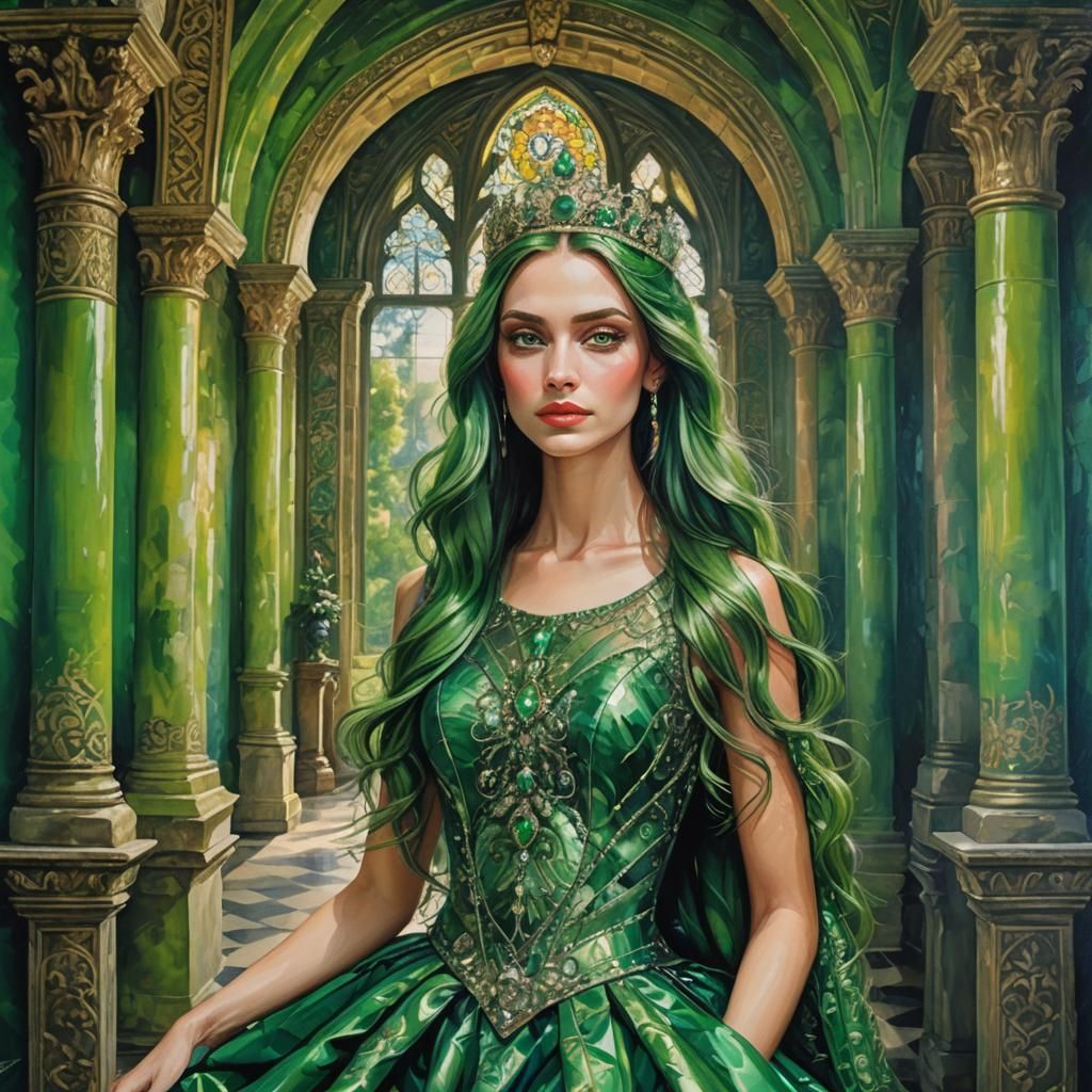 Green Queen in Castle Hallway: Abstract Art