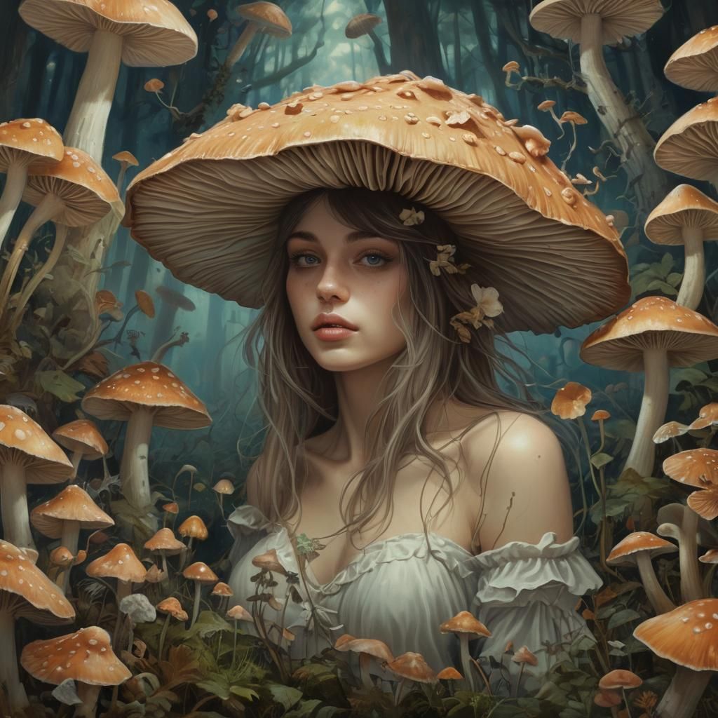 Fantasy Woman Portrait with Mushrooms, Ethereal Art
