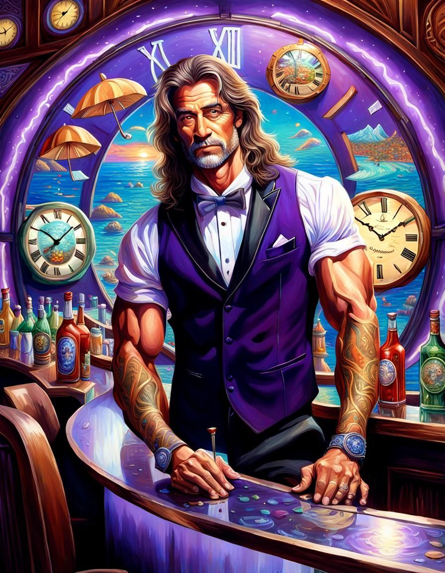 Muscular Bartender Serving Drinks at Five O'Clock
