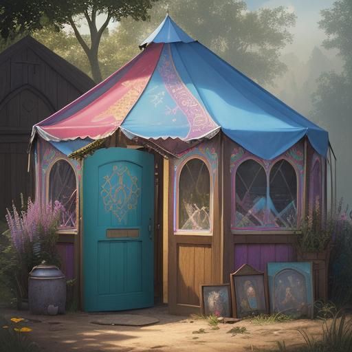 Colorful Magic Shop Tent in Countryside, Hyperrealistic Art