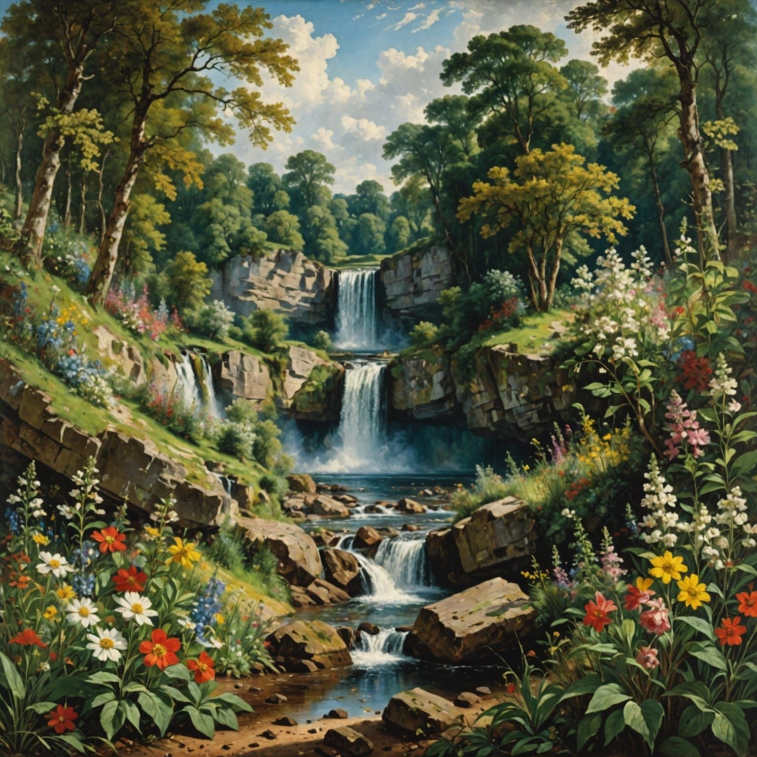 Wildflowers and Waterfall Landscape in Constable Style