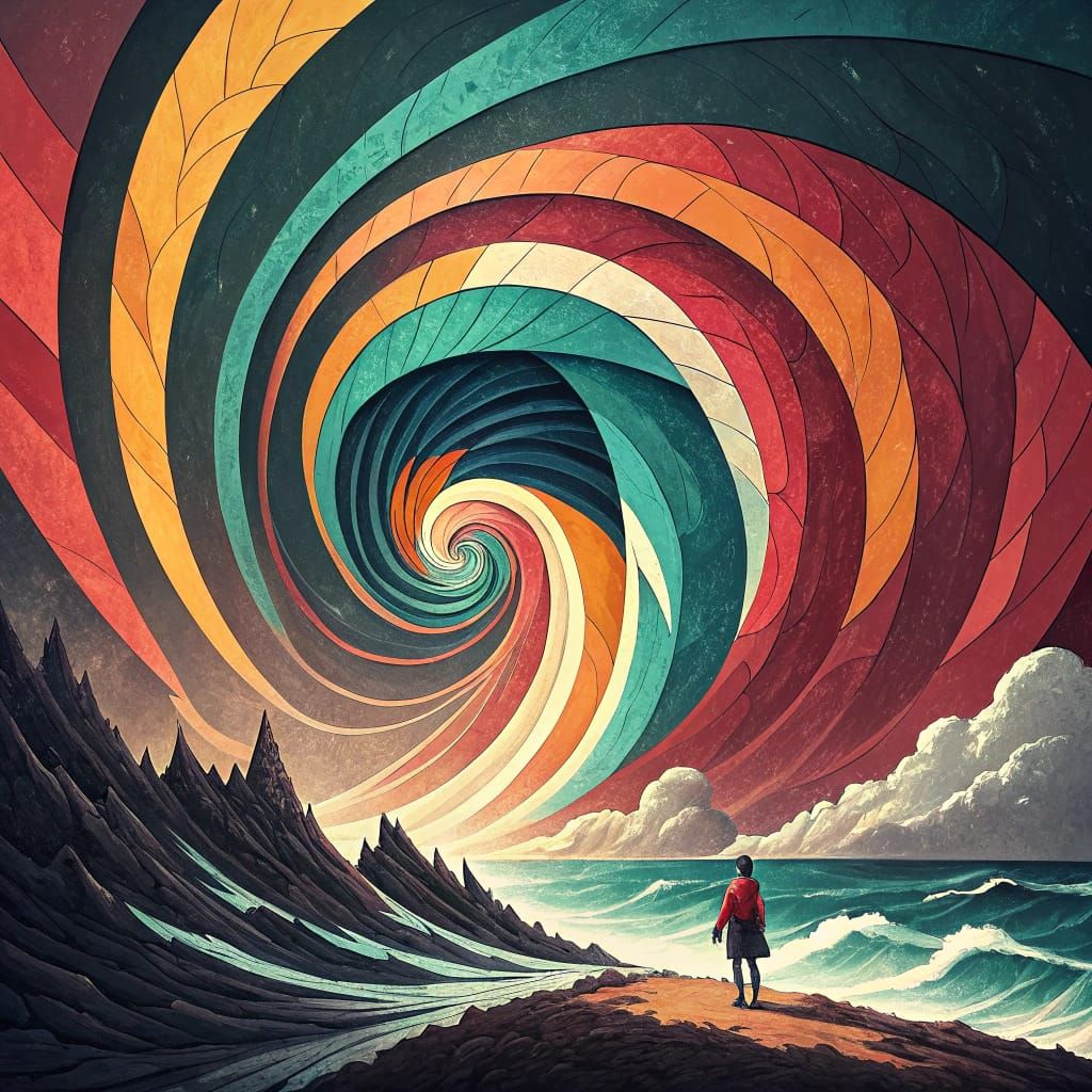 Retrofuturistic Color Block Storm in Swirling Spiral Pattern