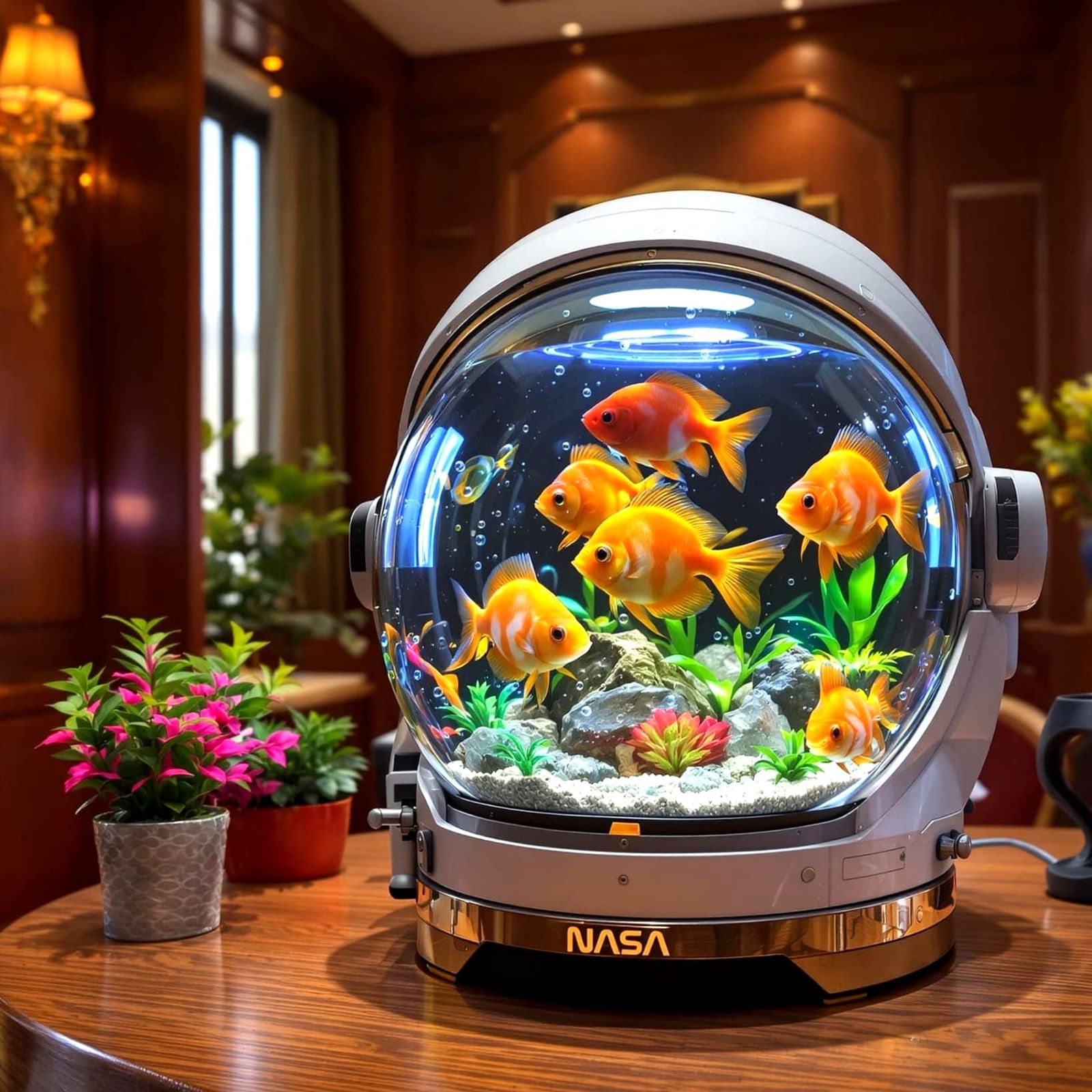 Tropical Fish Living in Astronaut Helmet Aquarium