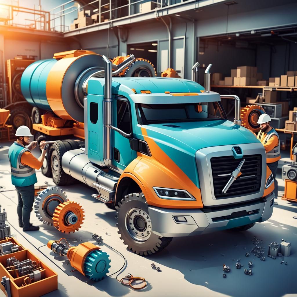 Engineers Optimize Electric Truck in Abstract Art Style