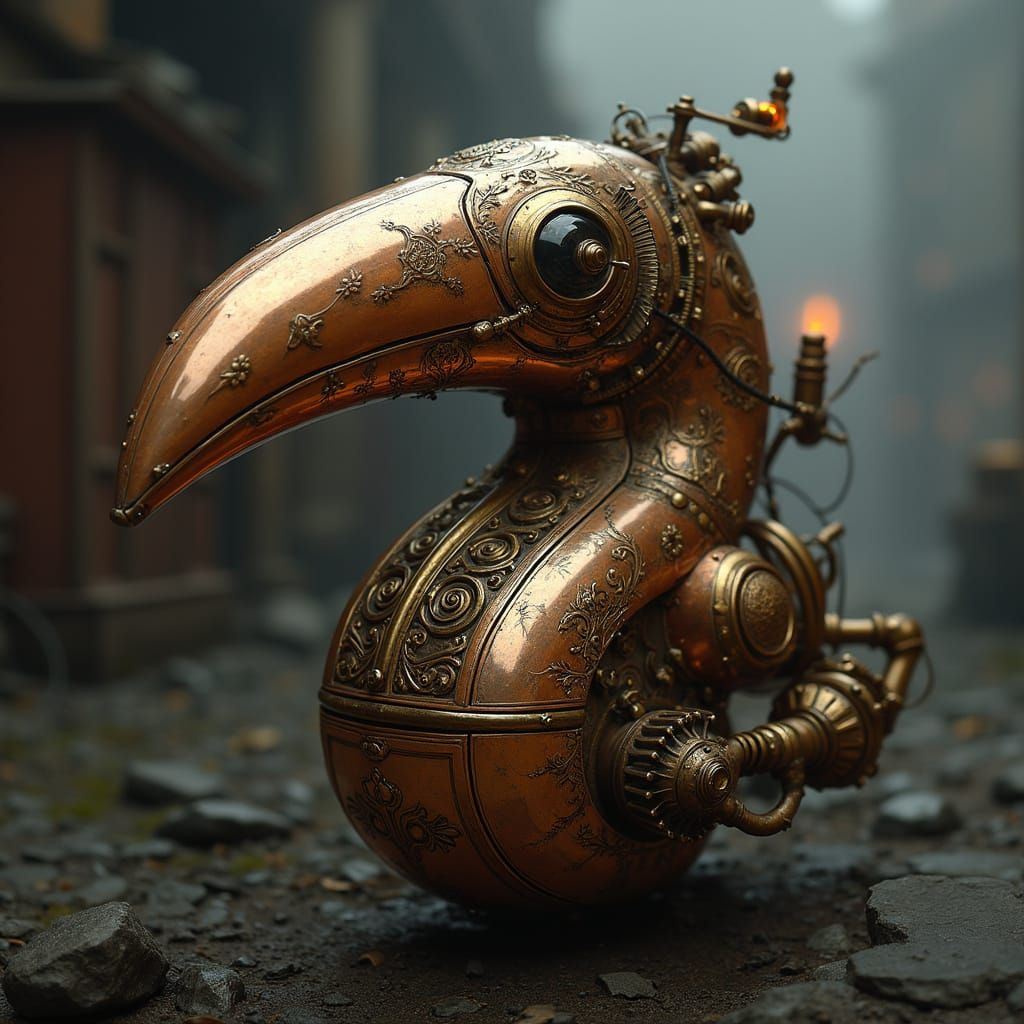 Steam-Powered Bird's Beak Engine in Industrial Landscape