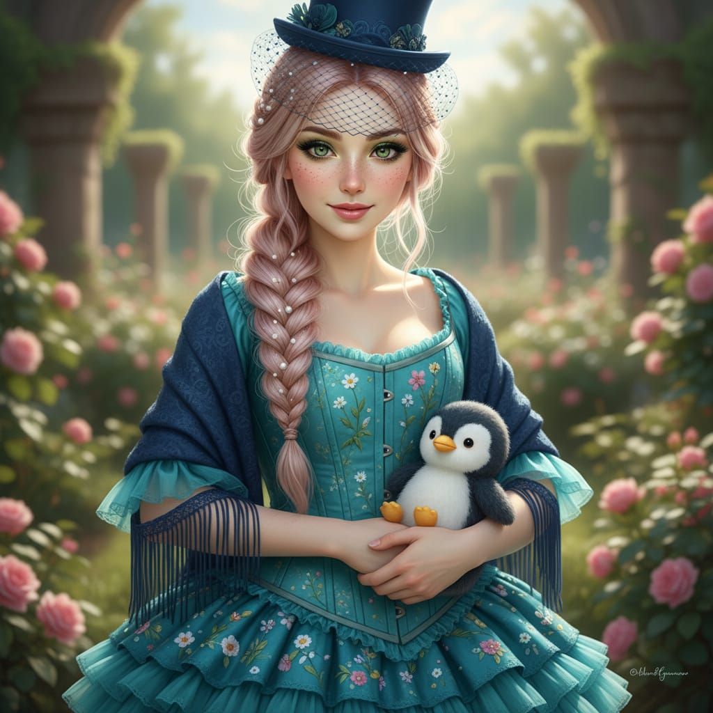 Woman in Turquoise Ruffled Dress and Navy Top Hat