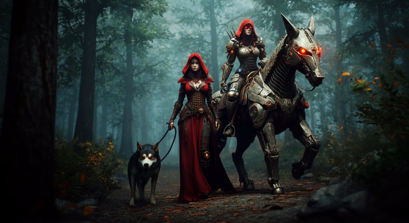 Cyberpunk Woman Walking Dog in Forest, Detailed 4K Art