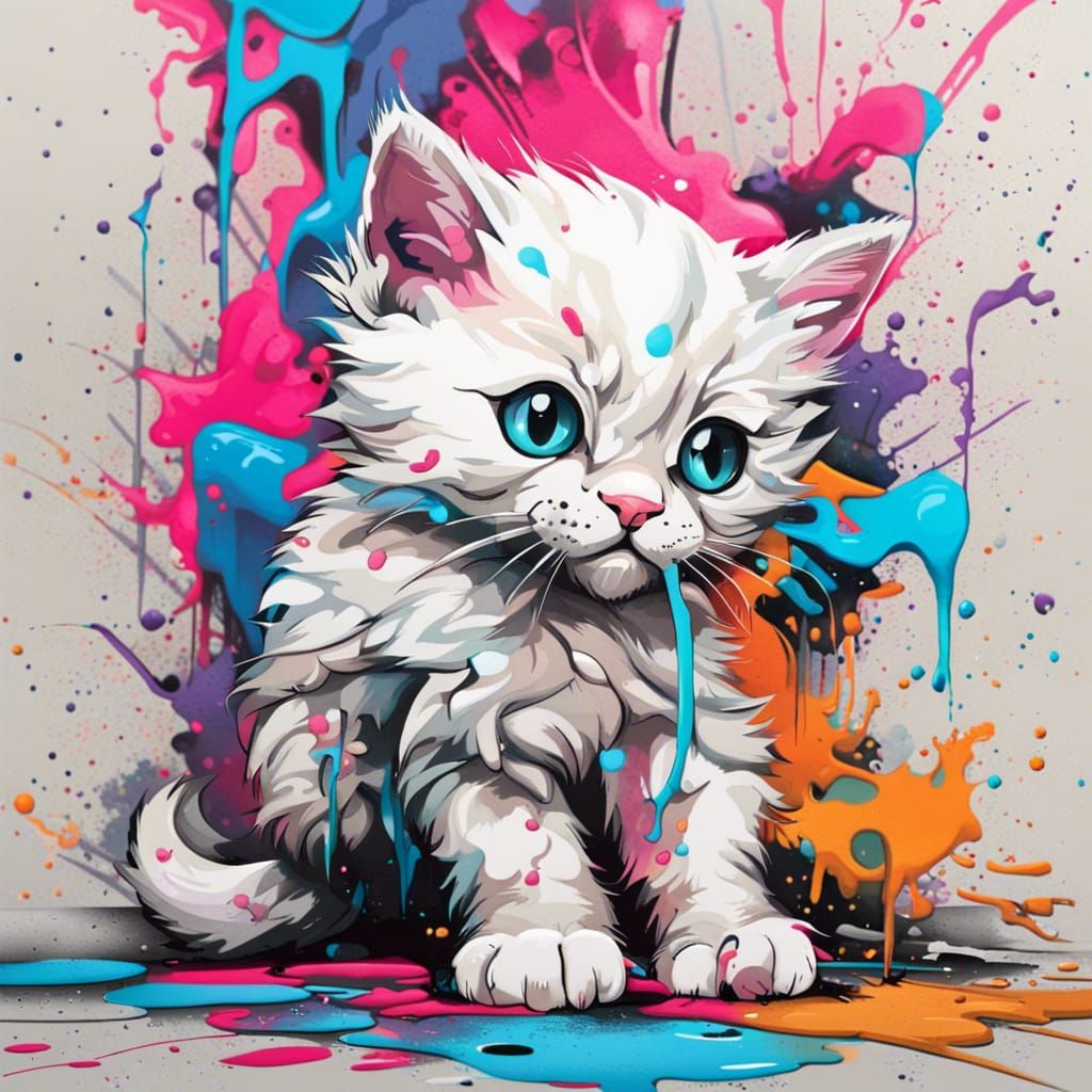 Cute Kitten Graffiti Art in Polychromatic Style