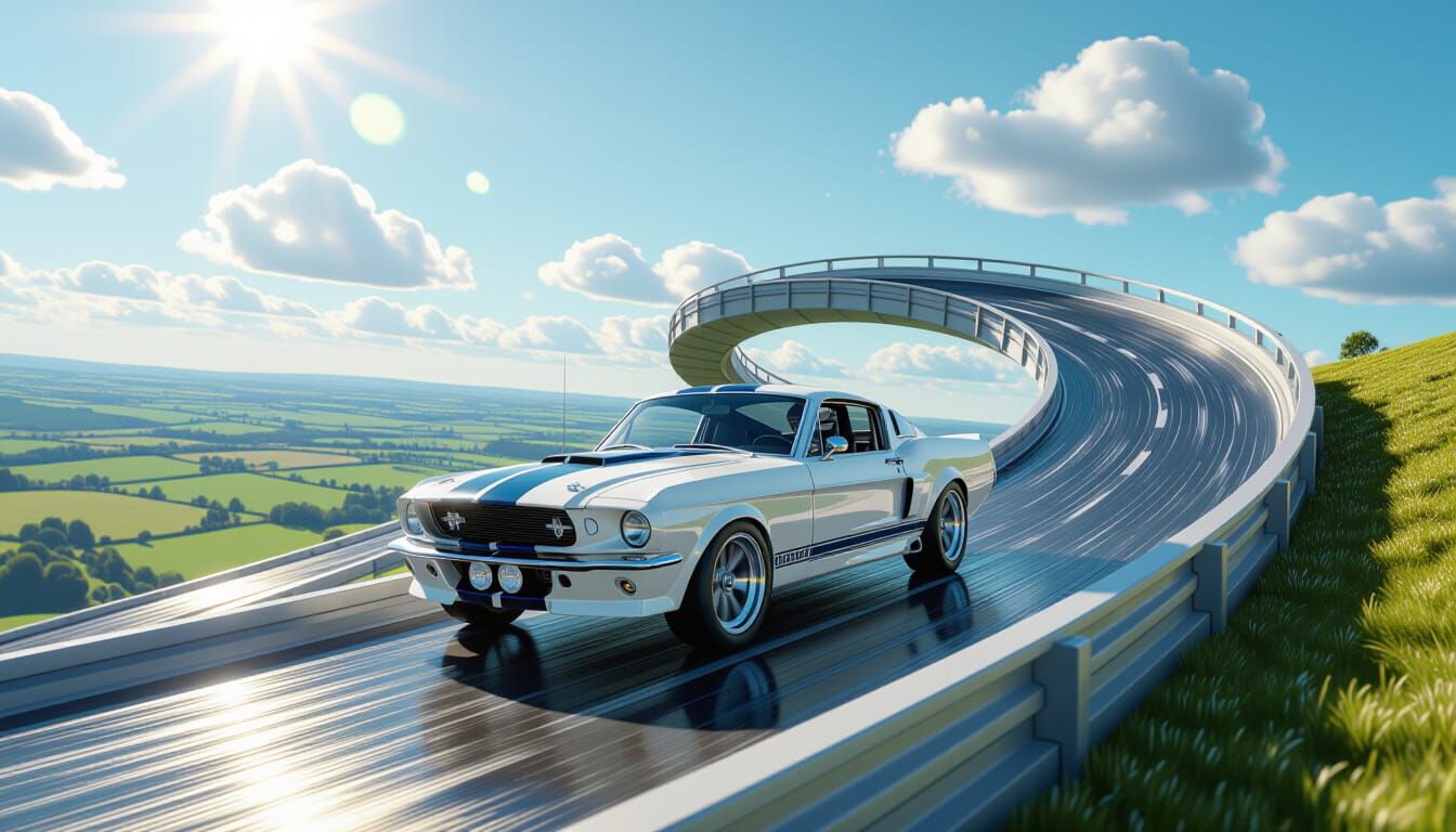 Vintage Mustang Races on Loop Track Through English Landscap...